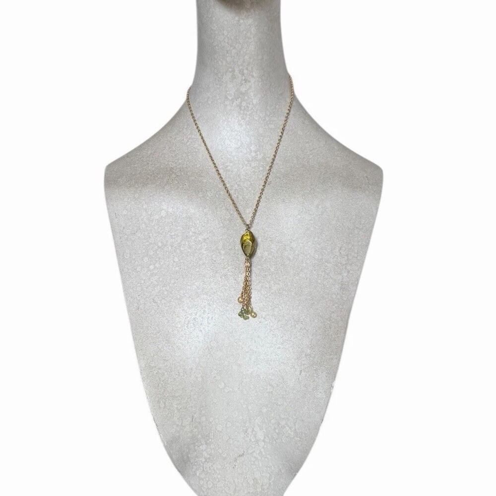 Lia Sophia Signed Green Glass Pendant Tassel Necklace Gold Tone